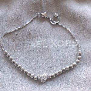 Authentic Michael Kors Silver-Tone Pave Crystal Heart Beaded Slider Bracelet